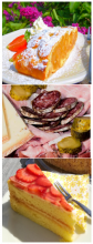 Foto di vari piatti (Strudel di mele, piatto di speck, torta di fragole)