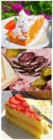 Bilder verschiedener Speisen (Strudel, Speckplatte, Erdbeertorte)